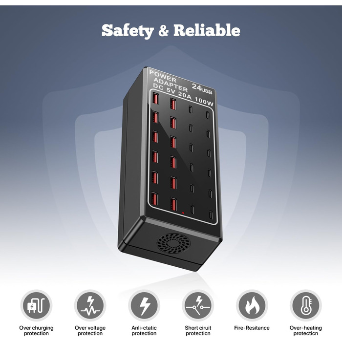 Зарядний пристрій USB-C на 24 порти 100W/20A, настільна USB-станція для iPhone, Samsung, Google, планшетів та ін.