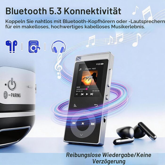 MP3 плеєр 90GB з Bluetooth 5.3 та HiFi звуком, сенсорним керуванням, кольоровим дисплеєм та FM-радіо, металевий корпус, підтримка карт пам'яті до 128GB, чорний/сріблястий