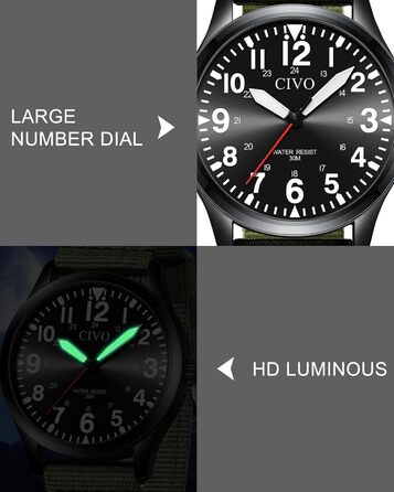 Годинник чоловічий CIVO водонепроникний з надійним ремінцем з нейлону, аналоговий кварц, великі цифри, світловідбиваючий, спортивний, для активного відпочинку, легкий у читанні, ідеальний подарунок (нейлон, B-2 зелений/чорний)