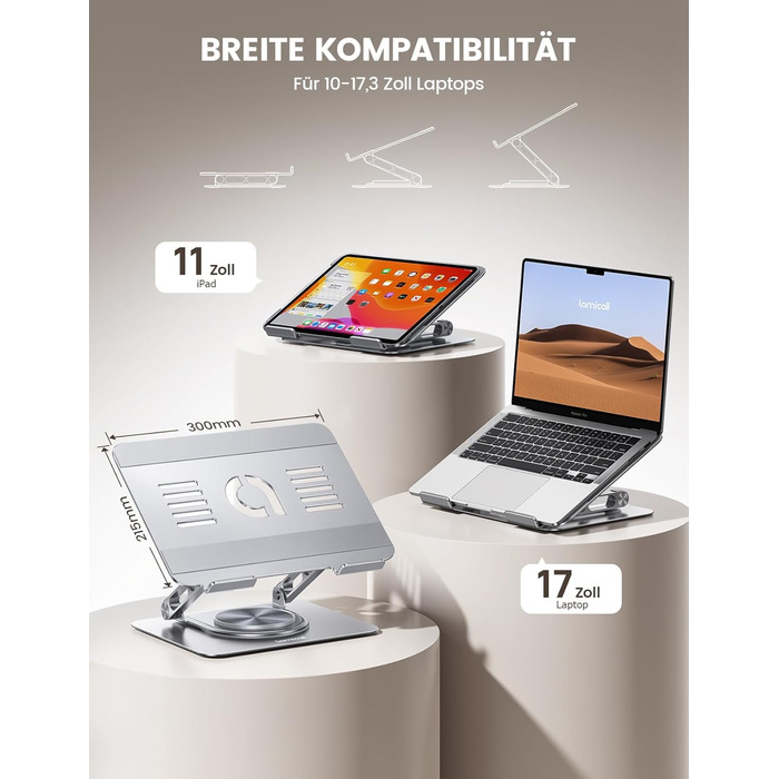 Підставка для ноутбука Lamicall - регульована, 360° обертання, складна, алюмінієва, для офісу/дому, сумісна з Macbook Pro Air, 10-17.3'