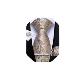 Краватка DiBanGu з шовку, паєзлі та квітковий принт, комплект: краватка, кишеньковий хустинка, краватки-затискач, нагрудні краваткові затискачі, класичний стиль для весілля та свят (світло-коричнева)