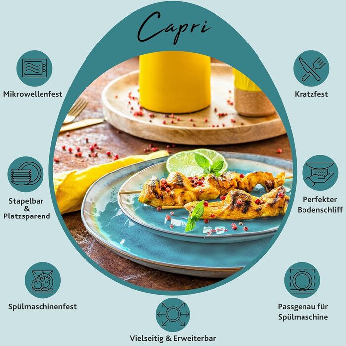 SÄNGER | Capri Tableware Set, 23-Piece, Plate Set for 4 People, Stoneware Plates Set including Serving Plates, Dessert Plates, Dinner Plates & Bowls, Handmade Plates, Turquoise Blue Tableware Set with Grey Rim, 23-Piece