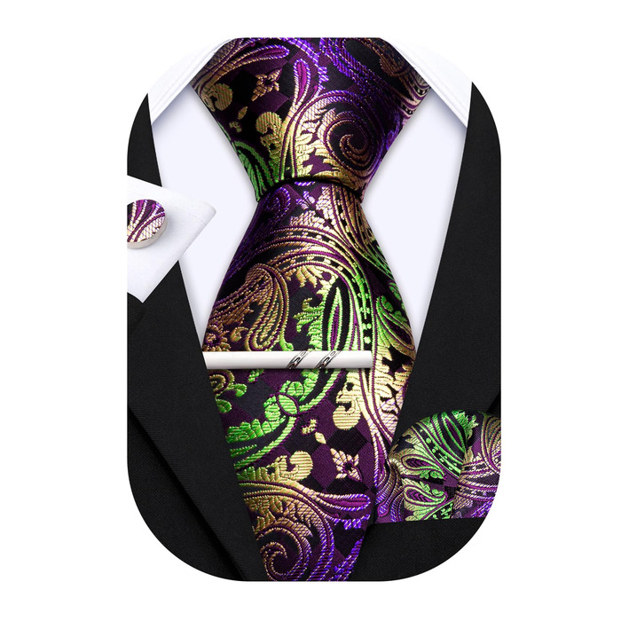 Краватка чоловіча Barry.Wang однотонна павлижий візерунок сатин з нагрудною хустинкою для весілля, золотисто-фіолетова