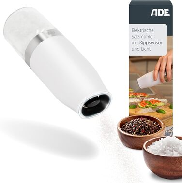 Electric salt mill with tilt sensor | Pepper mill with ceramic grinding mechanism | Spice mill | Infinitely adjustable | Salt, pepper, chili, dried herbs | Herb mill | With lighting | White