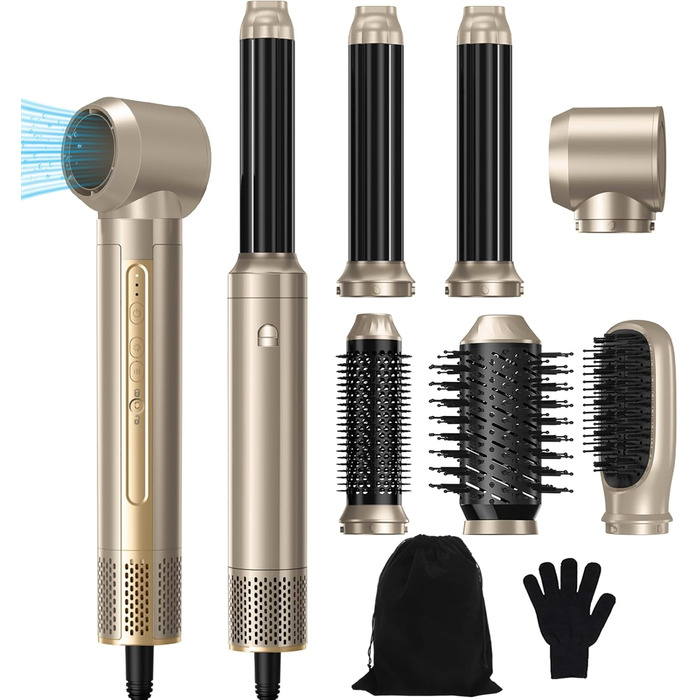 Набір для укладки волосся 6 в 1: стайлер, фен-щітка, плойка, термощітка, випрямляч, 110000 об/хв, для всіх типів волосся, золото