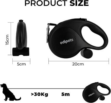 Edipets Розтягувана поводок для собак, 5 м, чорна - для прогулянок та тренувань, підходить для собак маленьких, середніх та великих порід