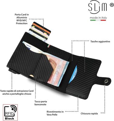 Стильний гаманець Slim Geldbörse для чоловіків та жінок з RFID захистом, відділенням для монет, карбон, чорний, Made in Italy
