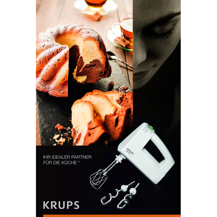 KRUPS 3 MIX 7000 Hand Mixer F60814 | 500W | Ergonomic mixer handle, variable speed control | Turbo & eject button | Stainless steel whisks & dough hooks | White Single