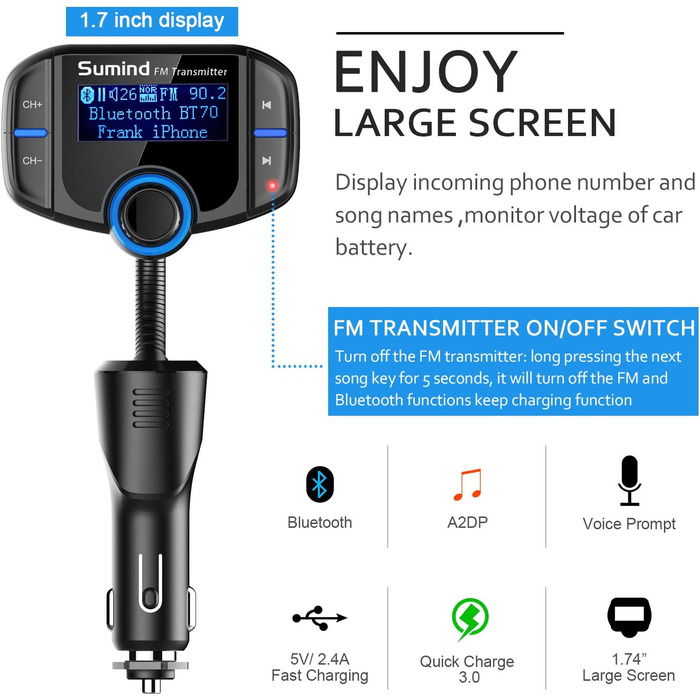 Bluetooth FM трансмітер з дисплеєм 1,7 дюйма та двома USB-портами, чорний