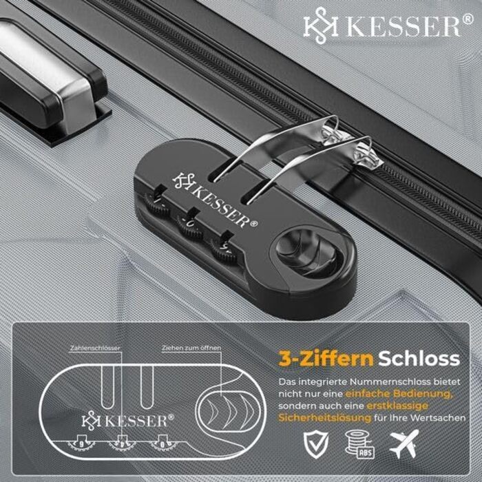 Набір валіз KESSER® 4 шт. | ABS валізи з кодовим замком, ваговою шалькою та органайзером для подорожей, 360° обертання | Ручна та велика валіза для бізнесу та подорожей, Iron Grey