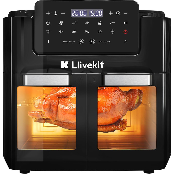 Фритюрниця повітряна LLIVEKIT 15L з 2 камерами, з оглядовим вікном, 2600W, 12-в-1, чорна, з таймером та 8 аксесуарами