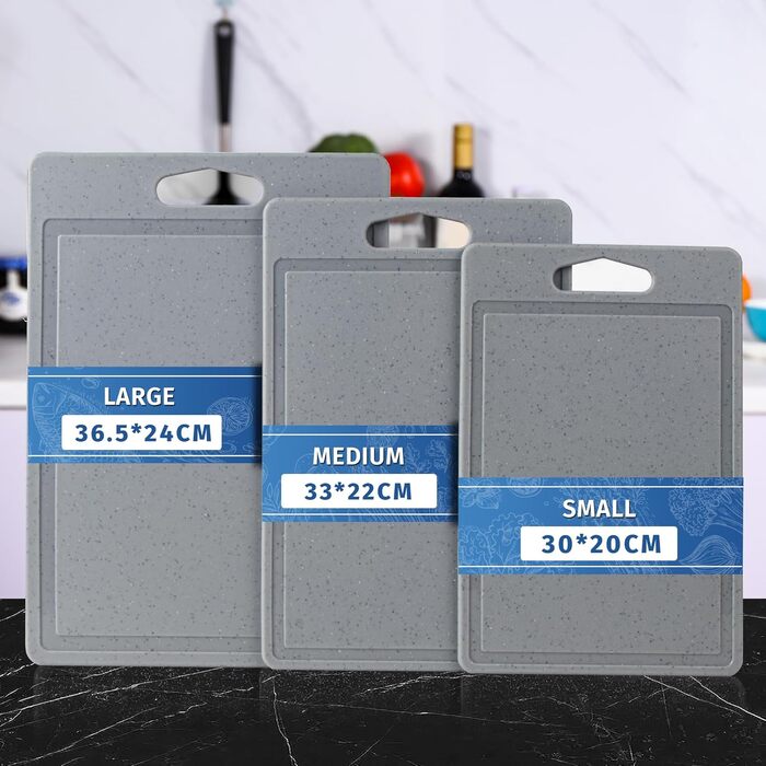 Набір обробних дощок 3 шт. з імітацією граніту, антиковзкі наклейки, канавка для соку, BPA-Free, з ручкою. Пластикові обробні дошки, антибактеріальні, кухонні аксесуари, гаджети, помічники (сірий, 3 шт.)