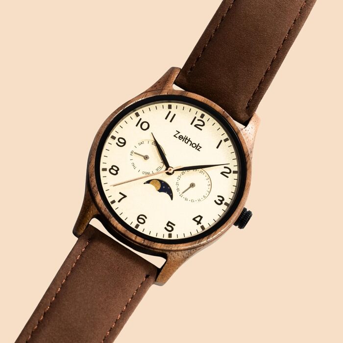Годинник Zeitholz Holzuhr для чоловіків, аналоговий, 42 мм, 100% натуральне дерево з японським кварцовим механізмом, колекція Neue Klitten, стильний та екологічний годинник преміум-класу (Бежевий)