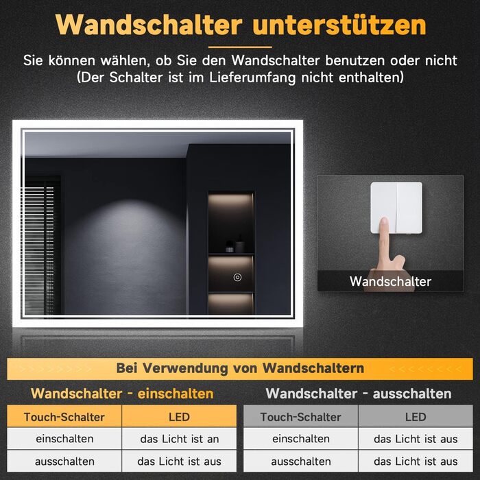 Дзеркало для ванної кімнати SONNI з LED-підсвічуванням, 100 x 60 см, антизапар, сенсорне керування, 3 кольори світла, IP44, білий