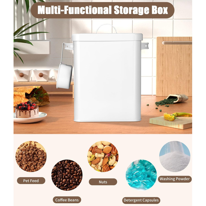 Контейнер для порошку 6.5L, металева коробка для прального порошку з дозатором, контейнер для корму для собак, котів, кавових зерен, білий