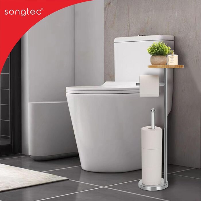 Підставка для туалетного паперу з запасом та полицею, стабільна, самостійна модель для 5 рулонів, з нержавіючої сталі з важким дном, матове нікелювання