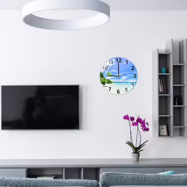 ALEENFOON Glass Wall Clock 30cm Silent Non-Ticking Decorative Round Wall Clock for Living Room Kitchen Bedroom Hallway Office (Beach)