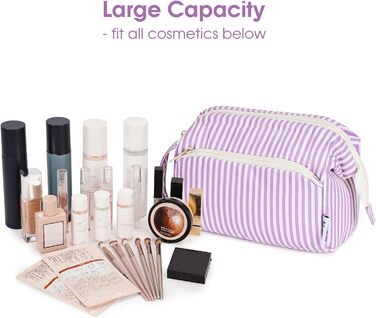 Косметичка жіноча Narwey для подорожей: велика, з широким відкриванням (сіро-блакитний з фіолетовими смужками)