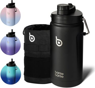 BOTTLE BOTTLE Insulated Water Bottle, 1.8L, with Straw and Double Lid, Half-Gallon Water Jug, Stainless Steel, for Workout and Sports, Insulated Growler with Handle, Black