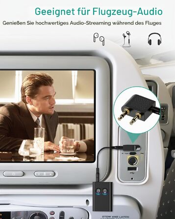Bluetooth адаптер ORIA 2-в-1 (Трансмітер та Ресивер) 5.2 з AptX Adaptive, аудіоадаптер 3.5 мм для двох навушників, стереосистем та літаків, чорний