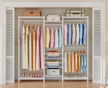 Heavy-Duty Clothes Rack, Clothes Rod, Wardrobe, Freestanding Clothes Rail with Height-Adjustable Shelves and Storage Baskets, Load Capacity up to 320 kg, White