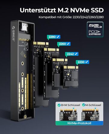 Зовнішній корпус (кейс) ORICO M.2 NVMe SSD USB-C 3.2 Gen2 10Gbps для PCIe M-Key/M+B Key (2230/2242/2260/2280), з підтримкою UASP