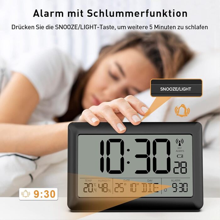 LATEC Wall Clock Digital, Digital Wall Clock with Temperature and Humidity Display, Radio Clock Digital with Backlight, Date, Day of the Week, Large, 20 x 13 x 1.2 cm (with batteries)