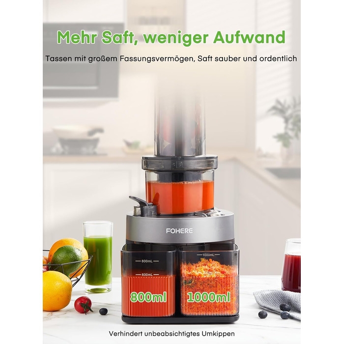 FOHERE Slow Juicer, Vegetable and Fruit Extractor, 119MM Opening, Electric Cold Press with Quiet 200 Watt Motor, Easy to Clean with Double-Layer Filter and Reverse Function