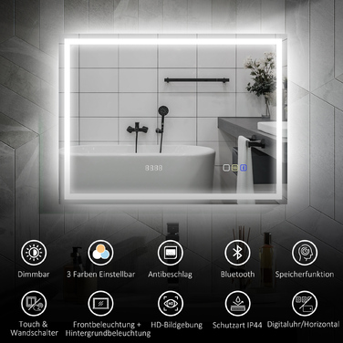 Дзеркало для ванної кімнати HOMCOM з підсвіткою 80x60 см, LED, з Bluetooth, функцією пам'яті, годинником, 3 кольорами світла, запобігає запотіванню, сенсорне управління, сріблястий | Aosom