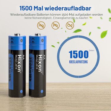 Акумулятори Hixon AA 1.5V Li-ion, 3500mWh високої ємності, комплект 8 шт. з зарядним пристроєм USB Type-C (швидка зарядка 2г)