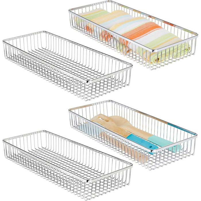 mDesign Universal Drawer Organizer - Metal Storage Baskets for Drawers Organize Kitchen Supplies and Utensils - Drawer Organizers for Kitchen and Household - 4-Piece Set - Silver