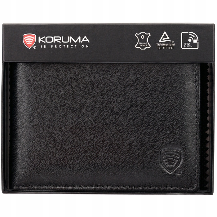 Чоловічий шкіряний гаманець Koruma чорний з RFID-захистом, відділенням для монет та слотами для 3 карток