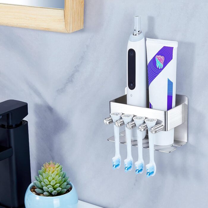 Тримач для зубних щіток GGQ настінний, для електричної зубної щітки, без свердління, самоклеючий, з підставкою для зубної пасти (срібний)