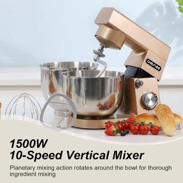 Кухонна машина Cheflee 1500W з місткими чашами з нержавіючої сталі (4.5L, 5.5L) та 10+ швидкостей, набір насадок (міксер, гак для тіста, вінчик, захист від бризок) (Золота)