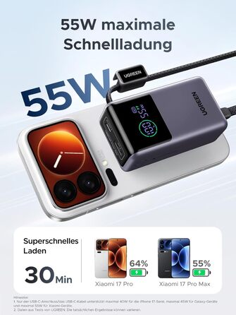 Power Bank UGREEN 10000mAh 55W з вбудованим кабелем, PD 45W, Mi Turbo Charge для Xiaomi, сумісний з iPhone 15/16/17 (Сірий)