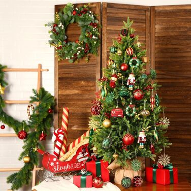 Набір прикрас на ялинку Shareconn 135 шт. - міцні ялинкові кулі з мотузкою, різні розміри та кольори (червоний, зелений, золотий) для декору ялинки в приміщенні та на вулиці