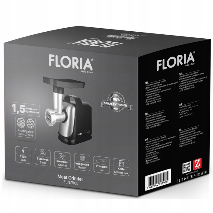 М'ясорубка Floria ZLN7965, чорна, 1300 Вт