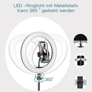 LED кільцева лампа з штативом для телефону, 10 дюймів, з пультом дистанційного керування та подвійним тримачем для телефону, 3 кольори та 10 рівнів яскравості для YouTube, TikTok, фотографії, трансляцій в прямому ефірі [настільний штатив включено]