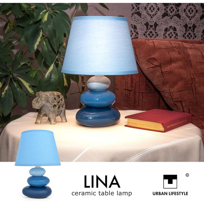 Нічна лампа 'Ліна' блакитна: керамічна настільна лампа з абажуром, LED, E14, 230V