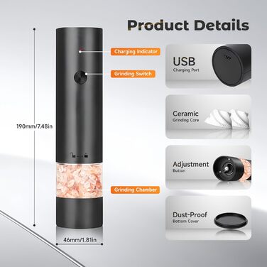 Електричні млини для солі та перцю (2 шт.), USB, для великої солі та перцю