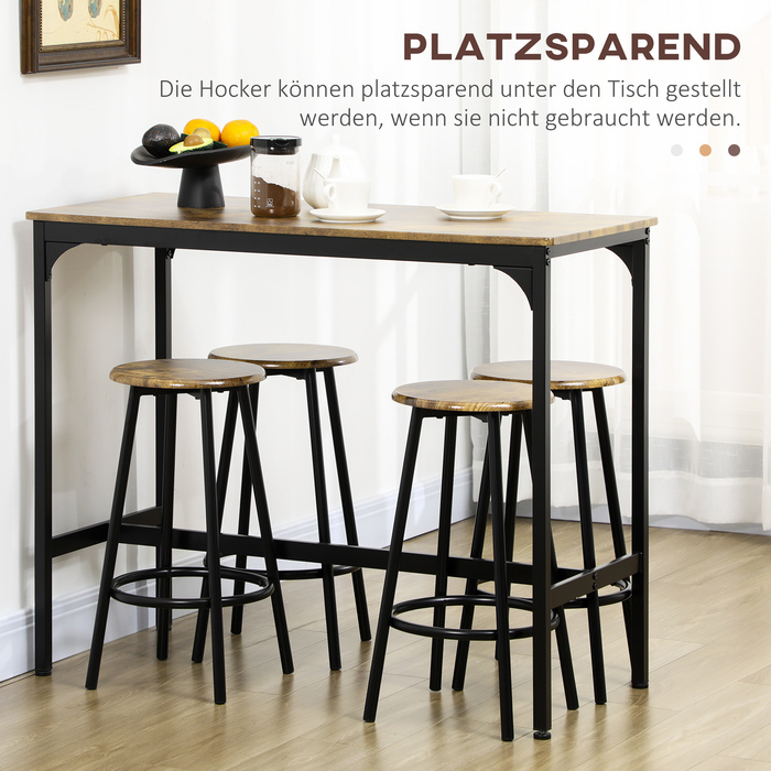 HOMCOM Bar Table Set 5-Piece with 4 Bar Stools, Kitchen Table in Industrial Design, Rustic Brown, Metal Dining Set for Kitchen & Bar