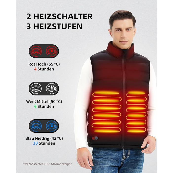 Електрична гріюча жилетка для чоловіків з акумулятором USB, 10000mAh, 4 зони нагріву, 3 режими температури, для зимових прогулянок, машинне прання