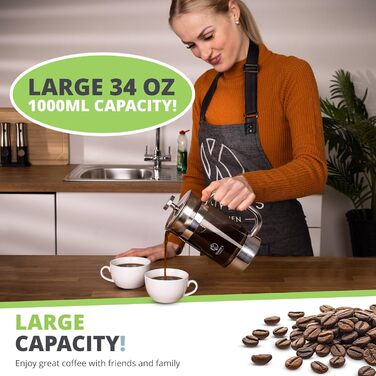 Френч-прес Oliver's Kitchen® 1 літр - скляний заварник для кави, срібний | Елегантний дизайн, для автентичного смаку