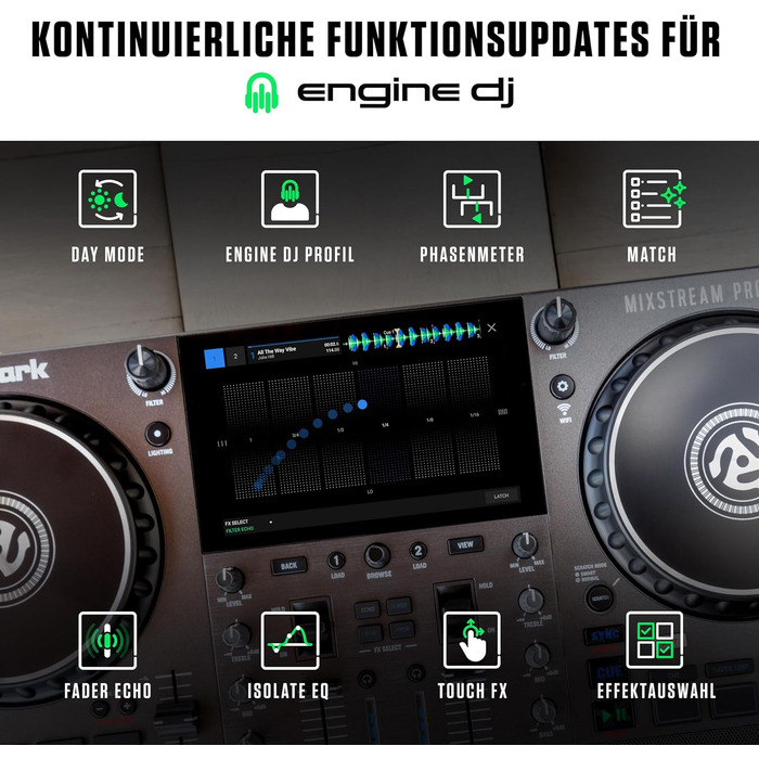 Numark Mixstream Pro Go: Портативний DJ-контролер з акумулятором, мікшер з розділенням STEM, динамік, Wi-Fi, сенсорний екран, сумісний з Serato DJ