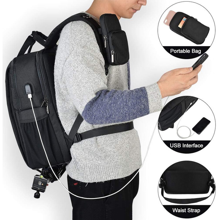 CADeN Рюкзак для фотокамери, водонепроникний, захист від крадіжок, відділення для ноутбука 15.6'', USB-порт, для DSLR Canon Nikon Sony