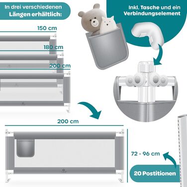 Захист для ліжка KESSER® 200 см: сітка для дитячого ліжка, захист від падіння, складна, сіра, з сумкою