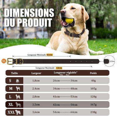 Нашийник для собак з натуральної шкіри, великий розмір (XL), міцний нашийник з латунною застібкою та D-подібним кільцем