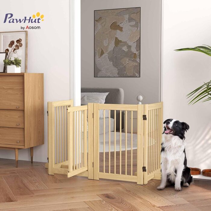 Захисне загородження для собак PawHut - 204 x 75 см, 4 панелі, білий, з натурального дерева