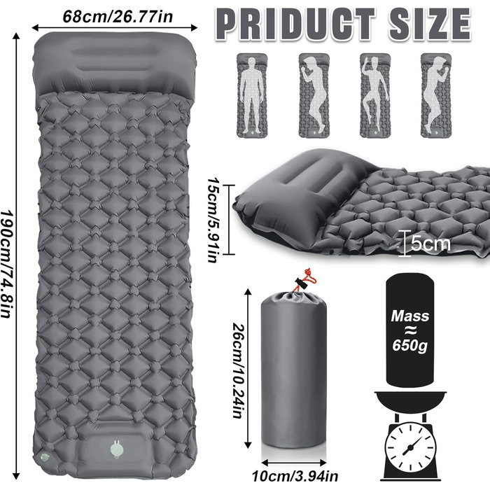 Надувна туристична матрац Isomatte з самонадуванням, водовідштовхувальна, з насосом та подушкою, сірий колір. Підходить для кемпінгу, походів, риболовлі та подорожей.