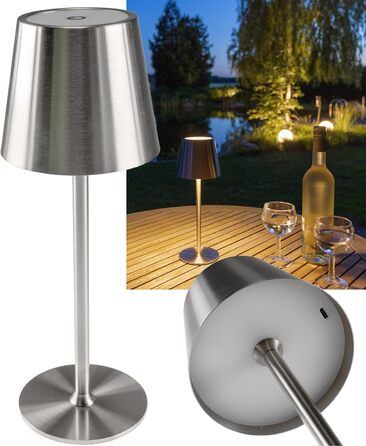 Настільний світильник акумуляторний ChiliTec 30см, LED, димується, USB зарядка, IP44, тепле світло, сенсорний вимикач, срібний